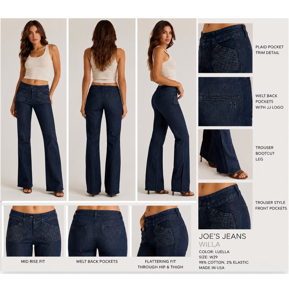 Joe's Jeans Willa Trouser Flare Jeans Dark Wash Plaid Pocket Trim W29 Y2K Style